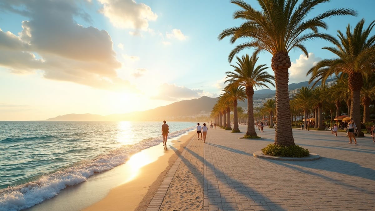 Panoramiczny widok na wybrzeże Costa del Sol z górami, Morzem Śródziemnym i słonecznym niebem