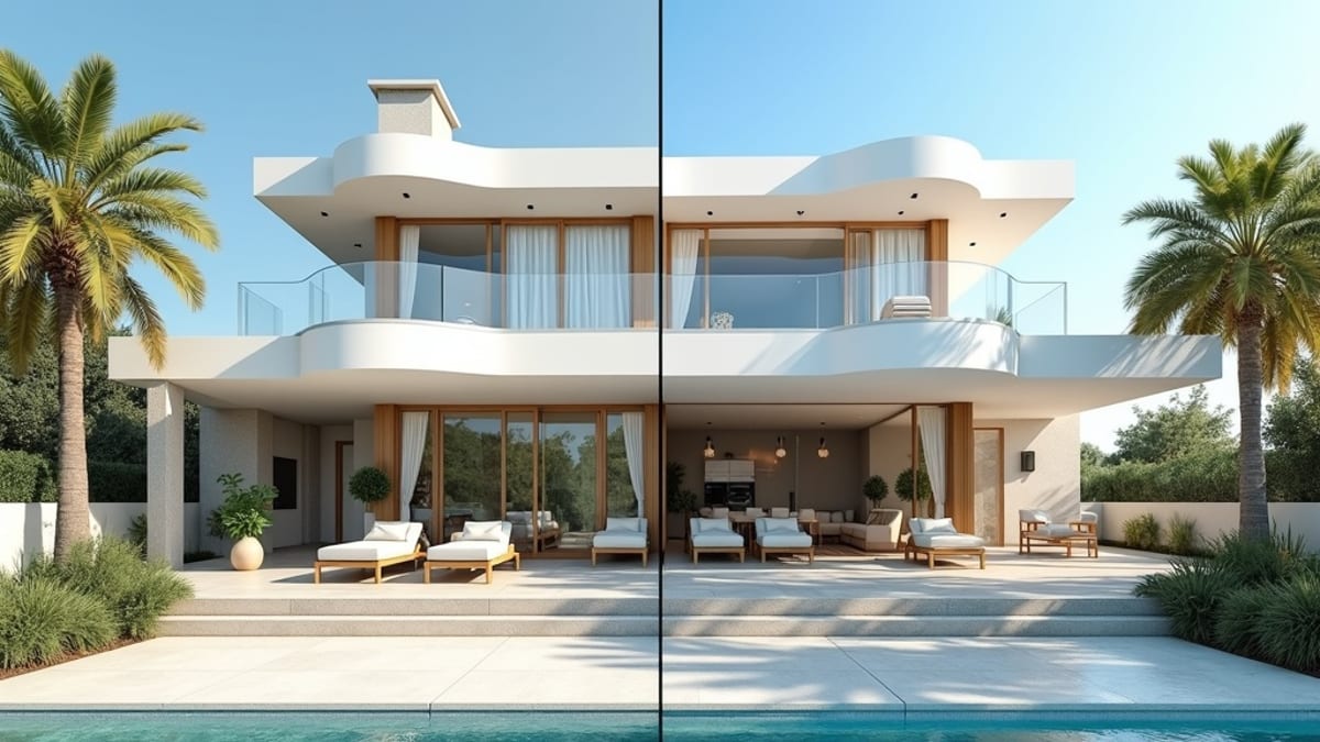 Comparaison des propriétés de vacances sur la Costa del Sol : luxe vs. authentique, montrant les différences architecturales et d'agencement intérieur.