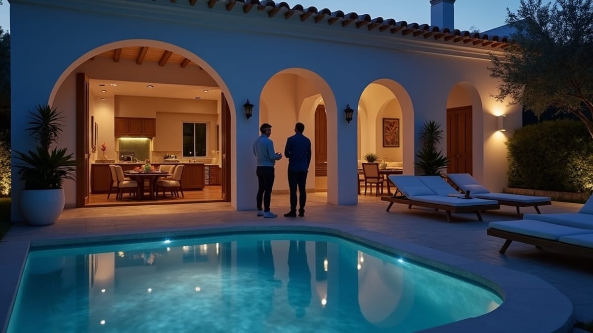 Internationale Käufer während einer Immobilienbesichtigung an der Costa del Sol, die Inneneigenschaften erkunden und über erforderliche Dokumente für den Immobilienkauf an der Costa del Sol sprechen.