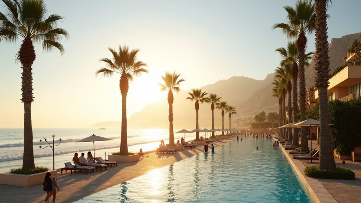 Panoramiczny widok na wybrzeże Costa del Sol z złotymi plażami, błękitnym Morzem Śródziemnym i czystym, słonecznym niebem