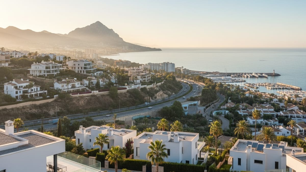 A hyper-realistic, high-resolution photograph of the Costa del Sol coastline at sunrise, taken from a hillside viewpoint over