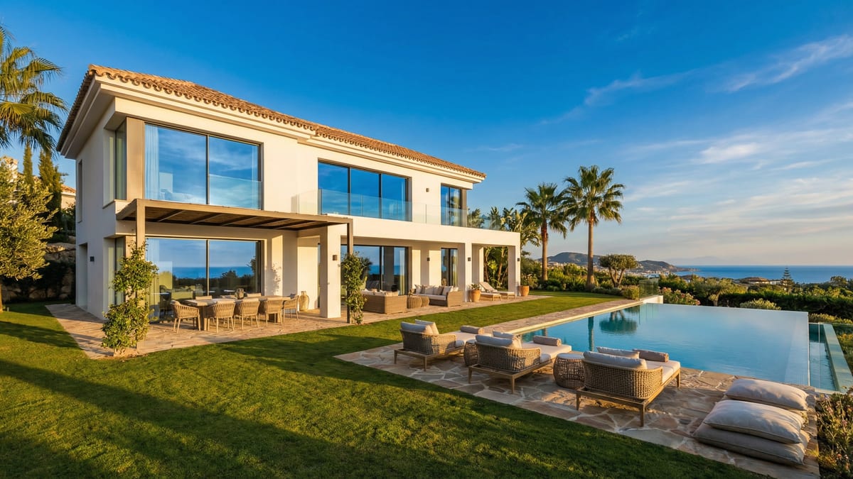 A modern Mediterranean villa in Costa del Sol showcasing elegant architecture, lush gardens, and a serene outdoor terrace under a vibrant blue sky.