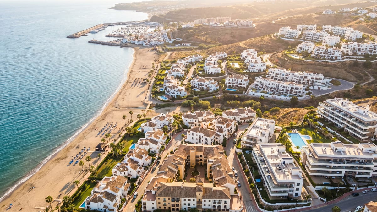 Aerial view of Manilva, Costa del Sol showing Mediterranean coastline, luxury properties, and best areas families opportunities