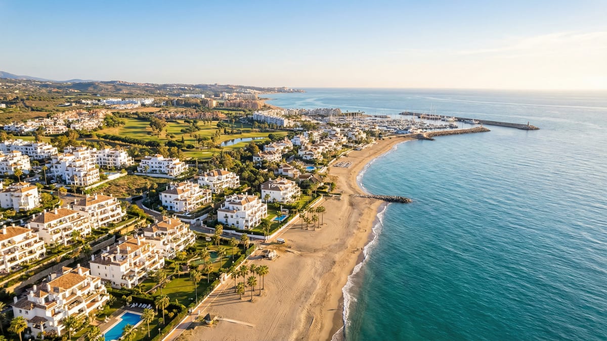 Aerial view of Manilva, Costa del Sol showing Mediterranean coastline, luxury properties, and best areas families opportunities