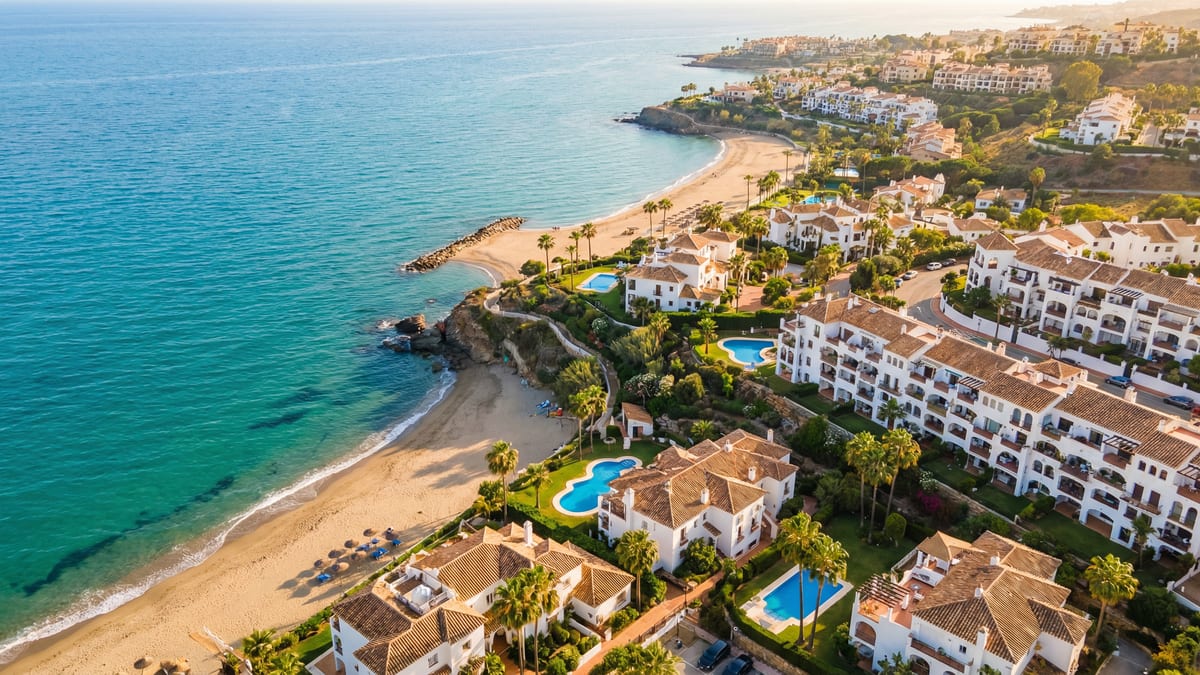 Aerial view of Manilva, Costa del Sol showing Mediterranean coastline, luxury properties, and best areas families opportunities