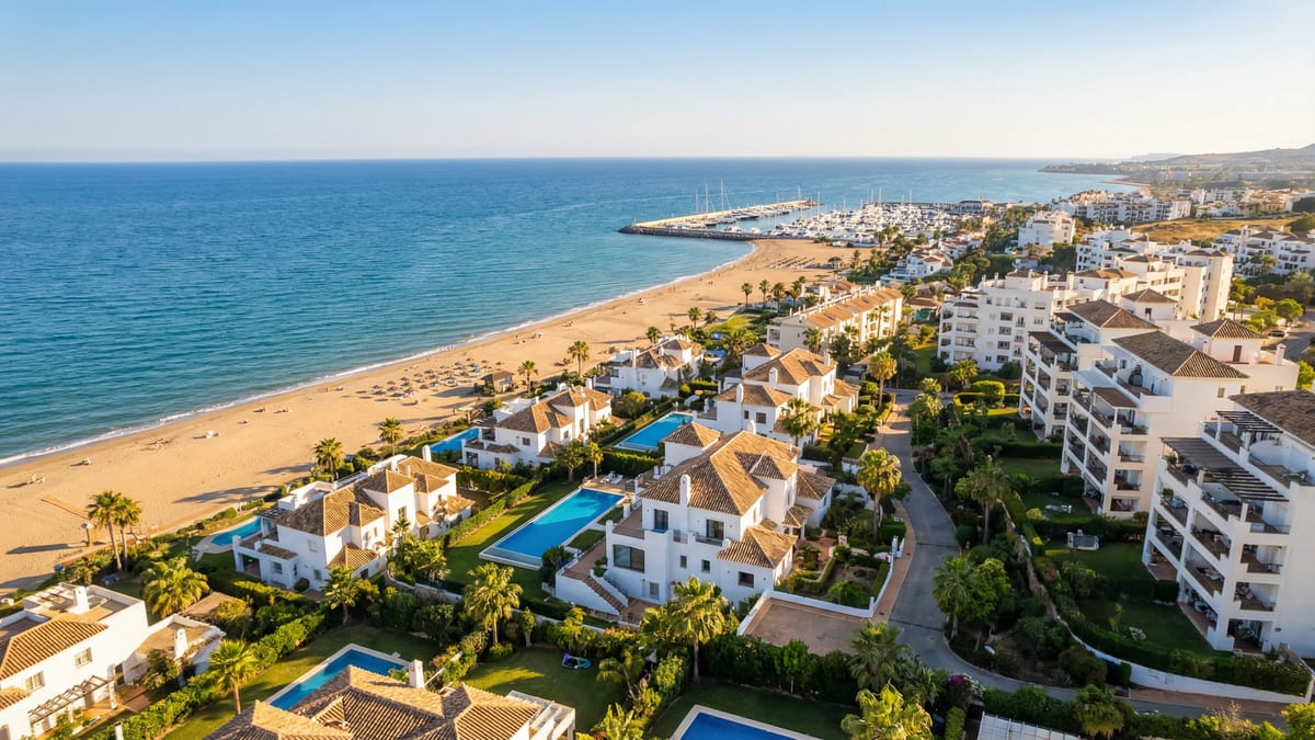 Aerial view of Manilva, Costa del Sol showing Mediterranean coastline, luxury properties, and best areas families opportunities