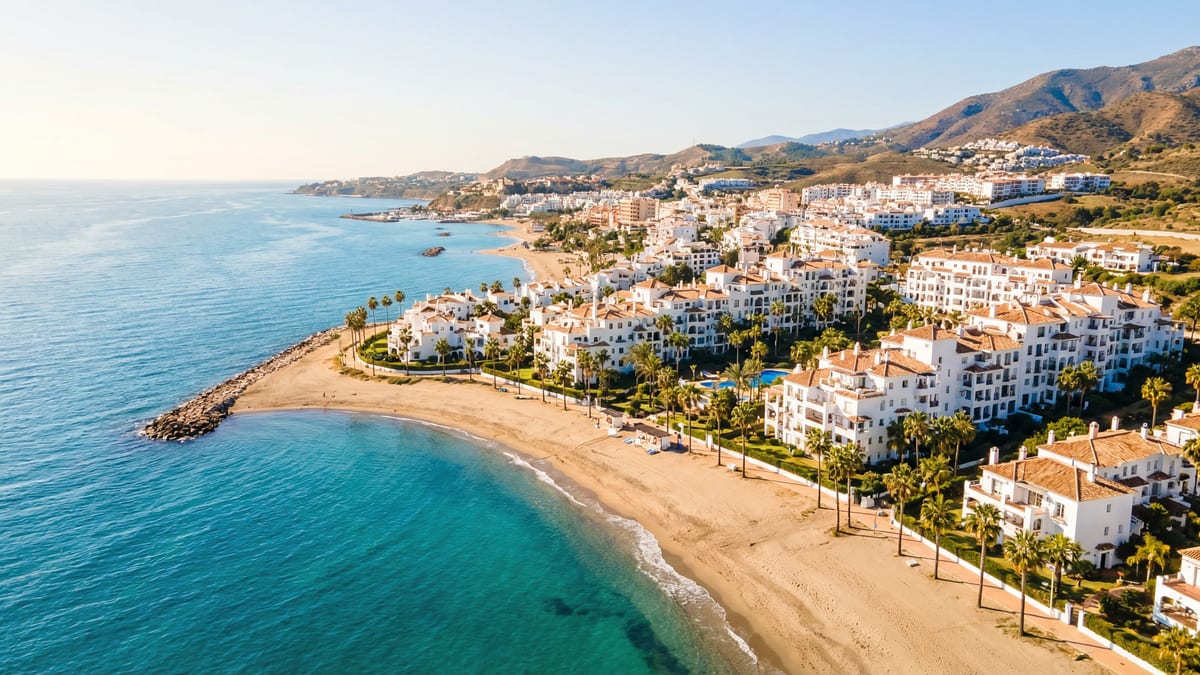 Aerial view of Manilva, Costa del Sol showing Mediterranean coastline, luxury properties, and best areas families opportunities