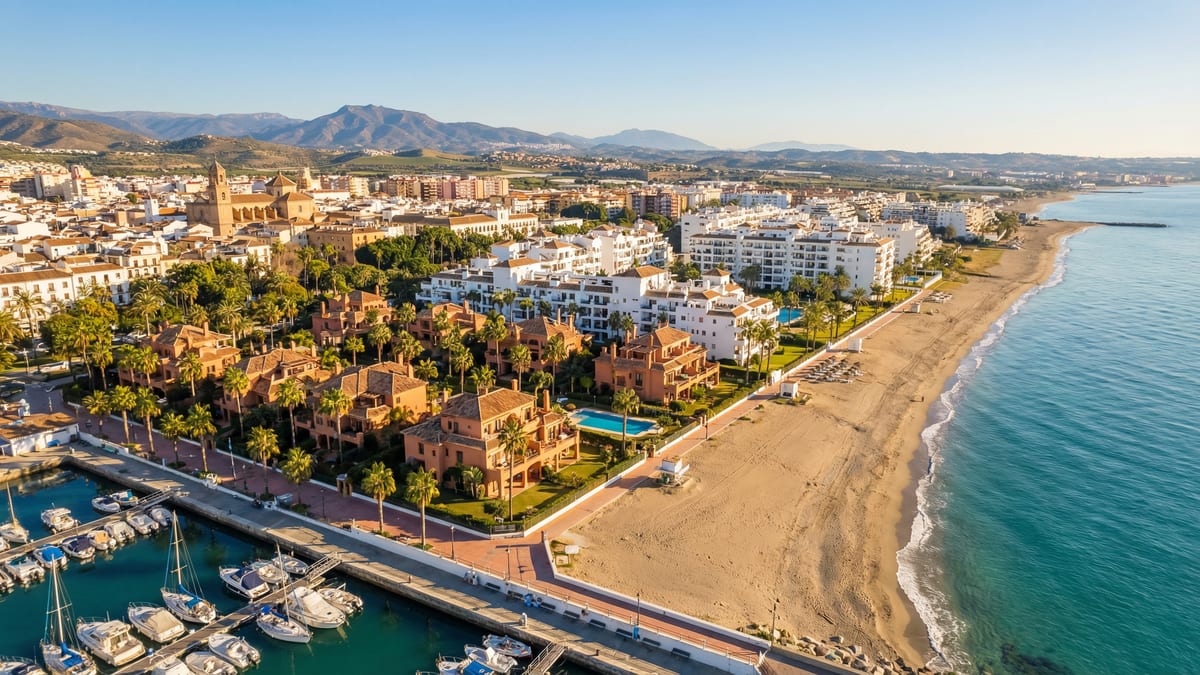 Aerial view of Vélez-Málaga, Costa del Sol showing Mediterranean coastline, luxury properties, and cost of living opportunities