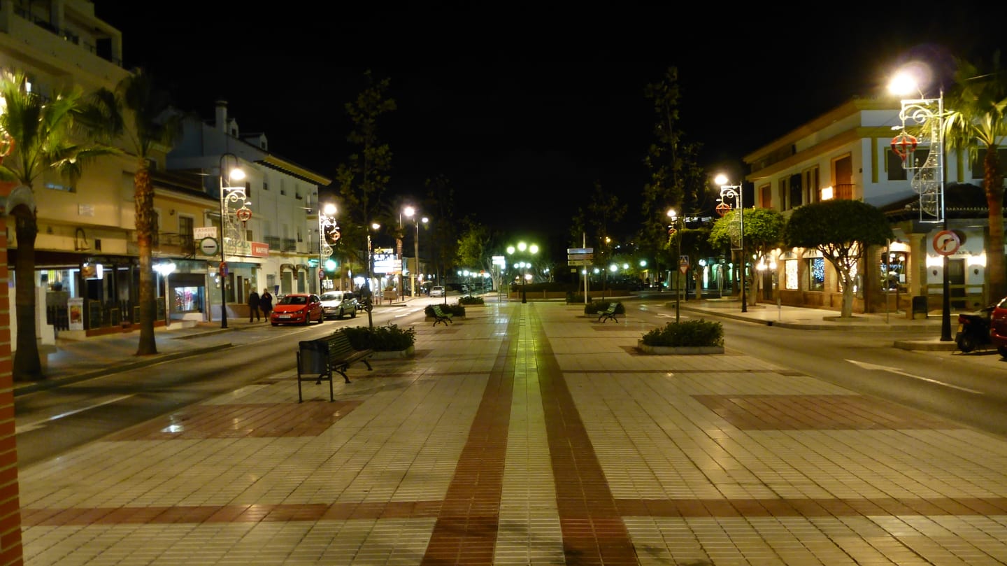 La Cala de Mijas pedestrian boulevard at night, shown as local context near CERRADO HEIGHTS