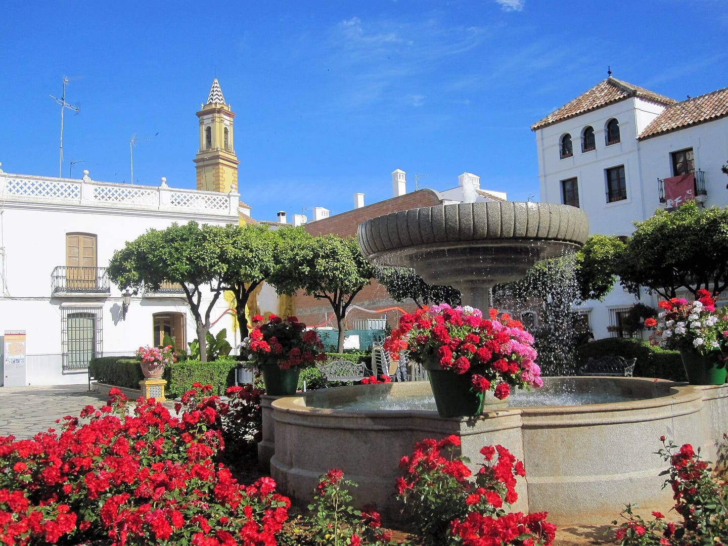Flower-filled Plaza de las Flores in Estepona old town, a destination from Habitat Valle Romano