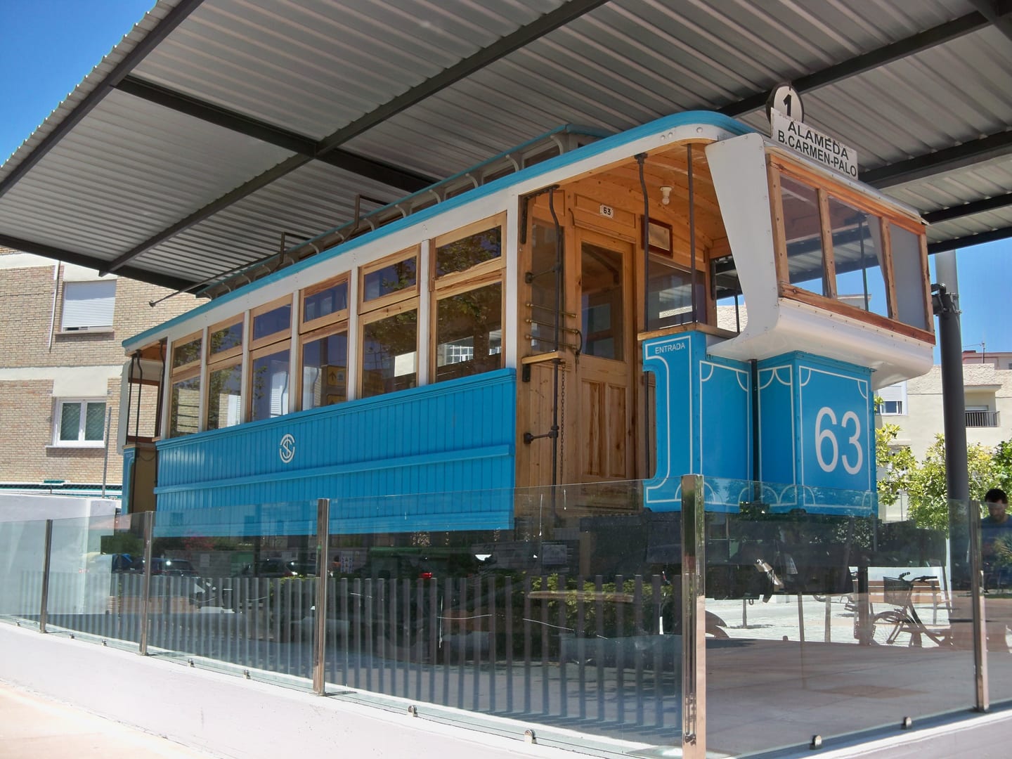 Restored historic Málaga tram No. 63 memorial, Pedregalejo, shown as local context near SAN FEDERICO 5