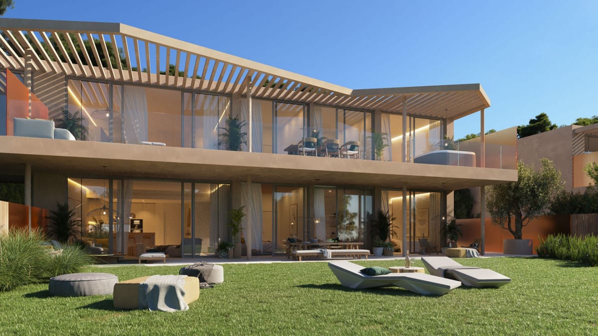 Project visualisation — 16+ COLLECTION: Glazed façades, pergolas and a garden with loungers.