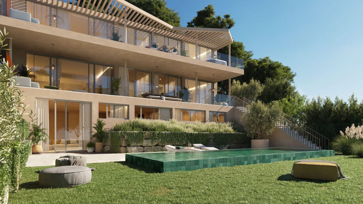Project visualisation — 16+ COLLECTION: Swimming pool beside planted grounds and residential terraces.
