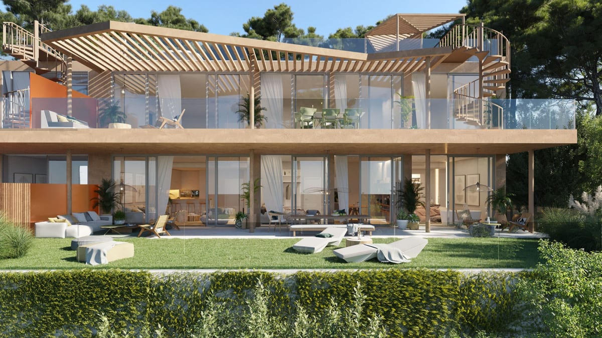 Project visualisation — 16+ COLLECTION: Broad glazed façade with shaded terraces above a lawn.