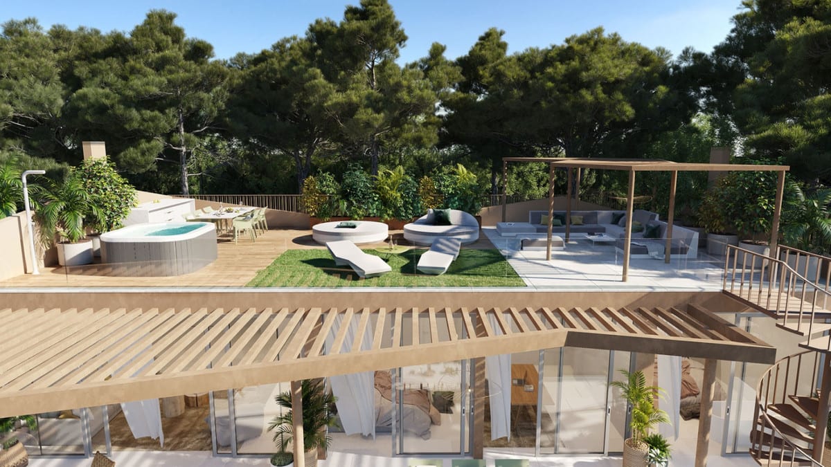Project visualisation — 16+ COLLECTION: Roof terrace with a round spa, loungers and seating areas.