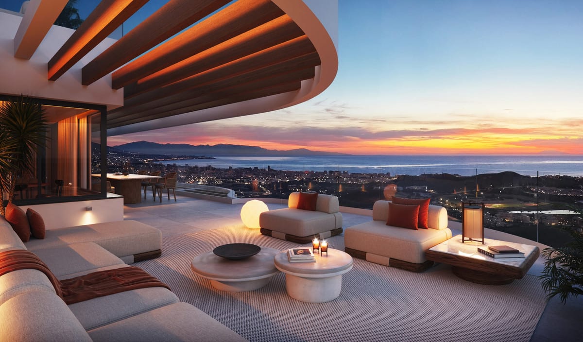 Rendered visualisation of 360º BY CORDIA with a furnished terrace, wooden ceiling slats and views of an illuminated coastline at sunset.