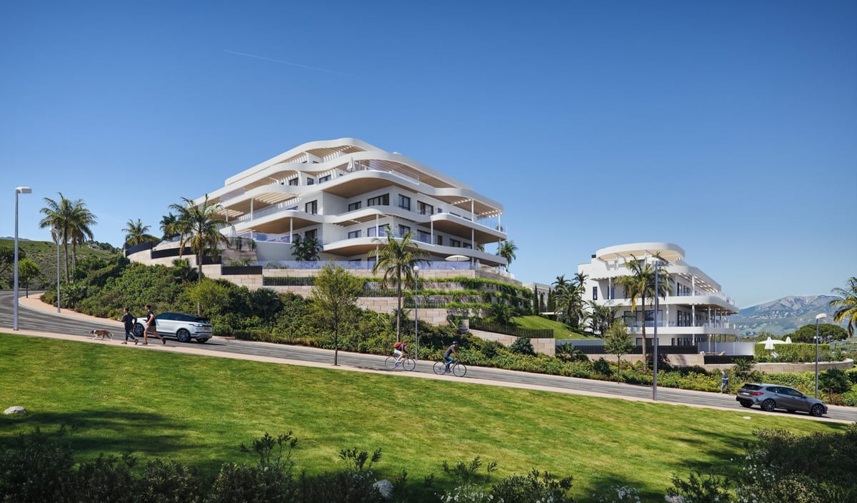 Rendered street visualisation of 360º BY CORDIA with white buildings featuring undulating balconies, palm trees, cars and cyclists.