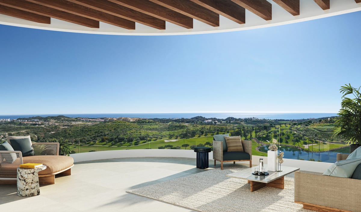 Rendered visualisation of the terrace at 360º BY CORDIA with wooden ceiling beams, seating, a glass balustrade and views across green scenery to the sea.