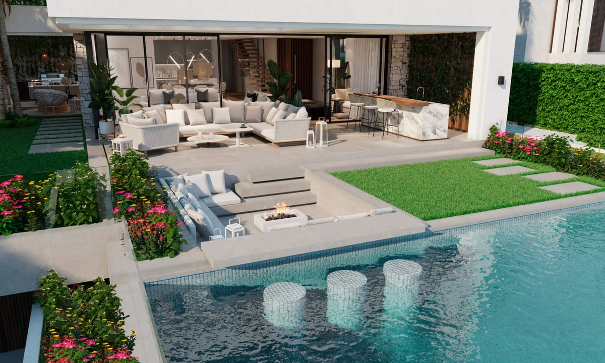 Visualisation of the pool with submerged stools, a sunken seating area and an outdoor bar.