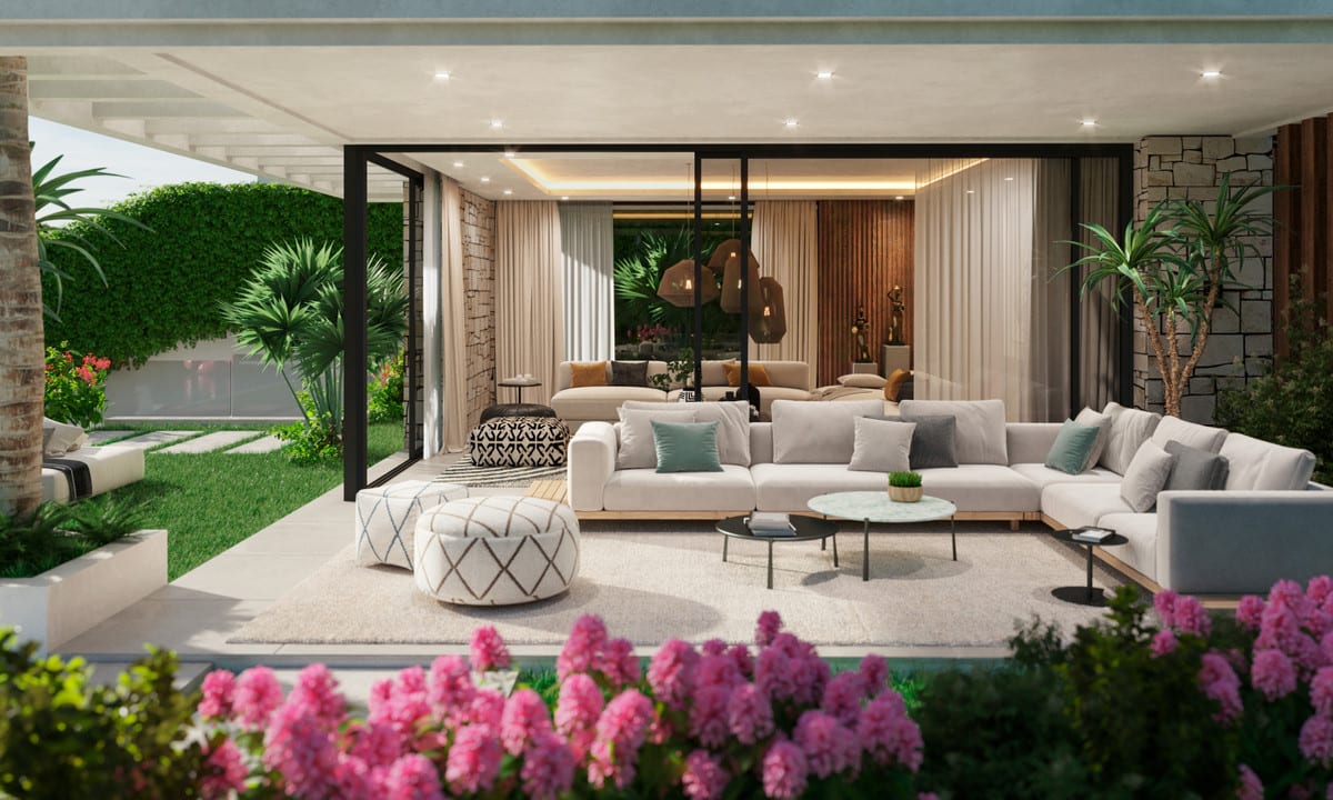 Visualisation of a covered terrace lounge with sofas and an adjoining living room behind glazed doors.