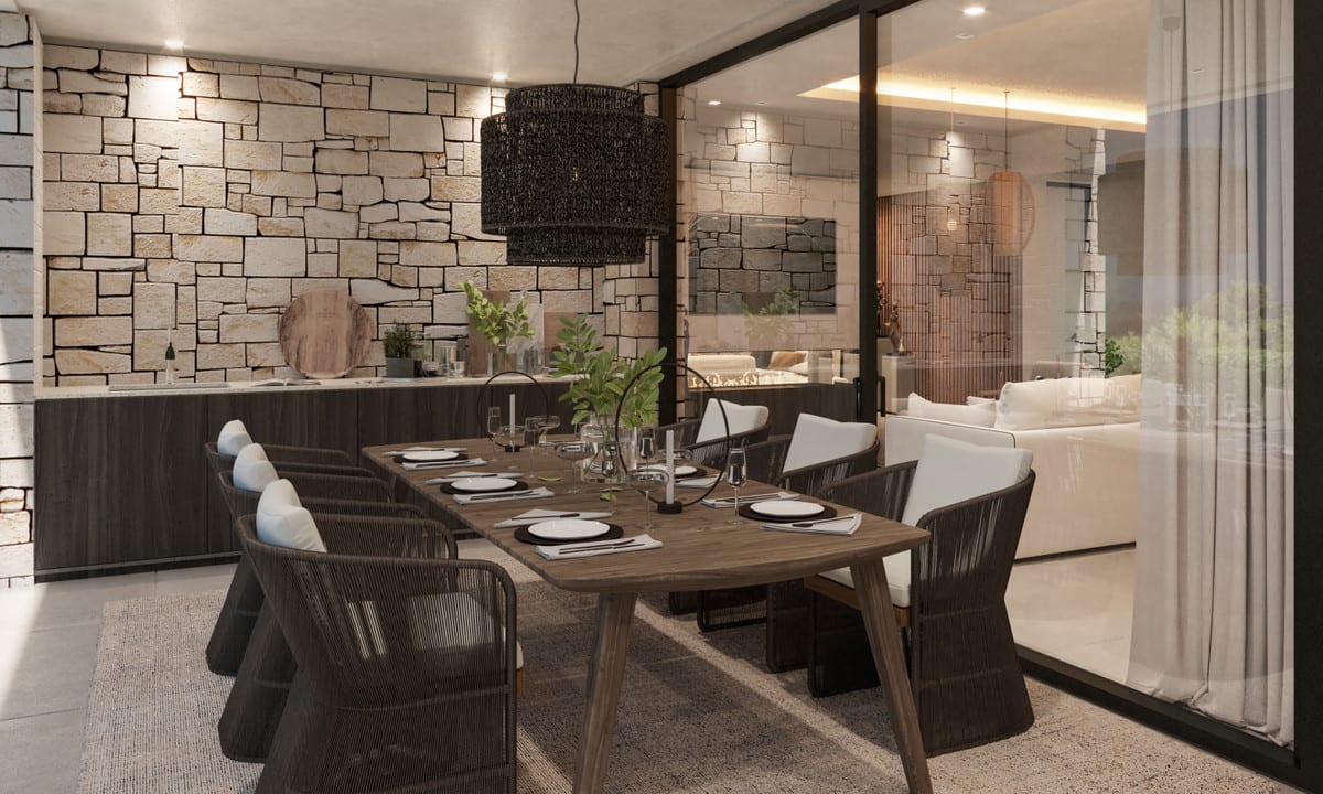 Visualisation of a dining area with a wooden table, woven chairs, a dark pendant light and a stone-patterned wall.