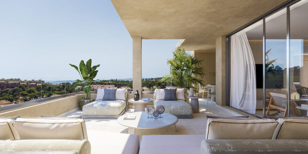 Project visualisation of a covered terrace at ABELIAS with lounge seating, daybed-style seating, a round coffee table, plants and sliding glass doors.