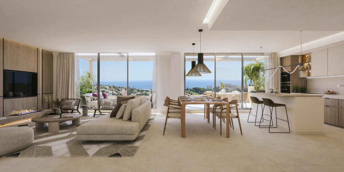 Project visualisation of the open-plan living area at ABELIAS with a sofa, dining table, kitchen with island, bar stools and glazed doors opening onto the terrace.