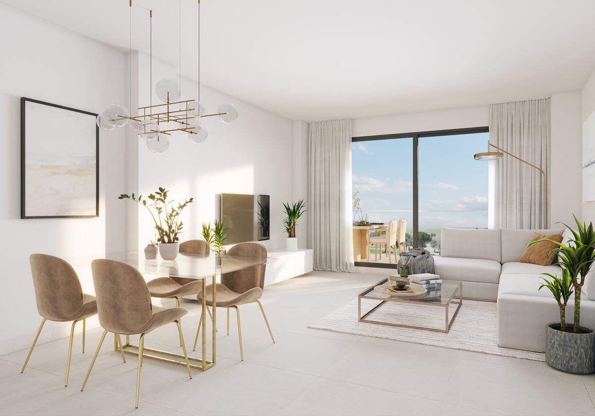 Interior visualisation of ABRIL DOÑA JULIA with an open-plan living and dining area: beige velvet chairs with gold legs around a dining table with gold legs, a cream corner sofa, glass coffee table with a gold frame, pendant light with a gold frame and glass globes, and large sliding doors with light curtains.