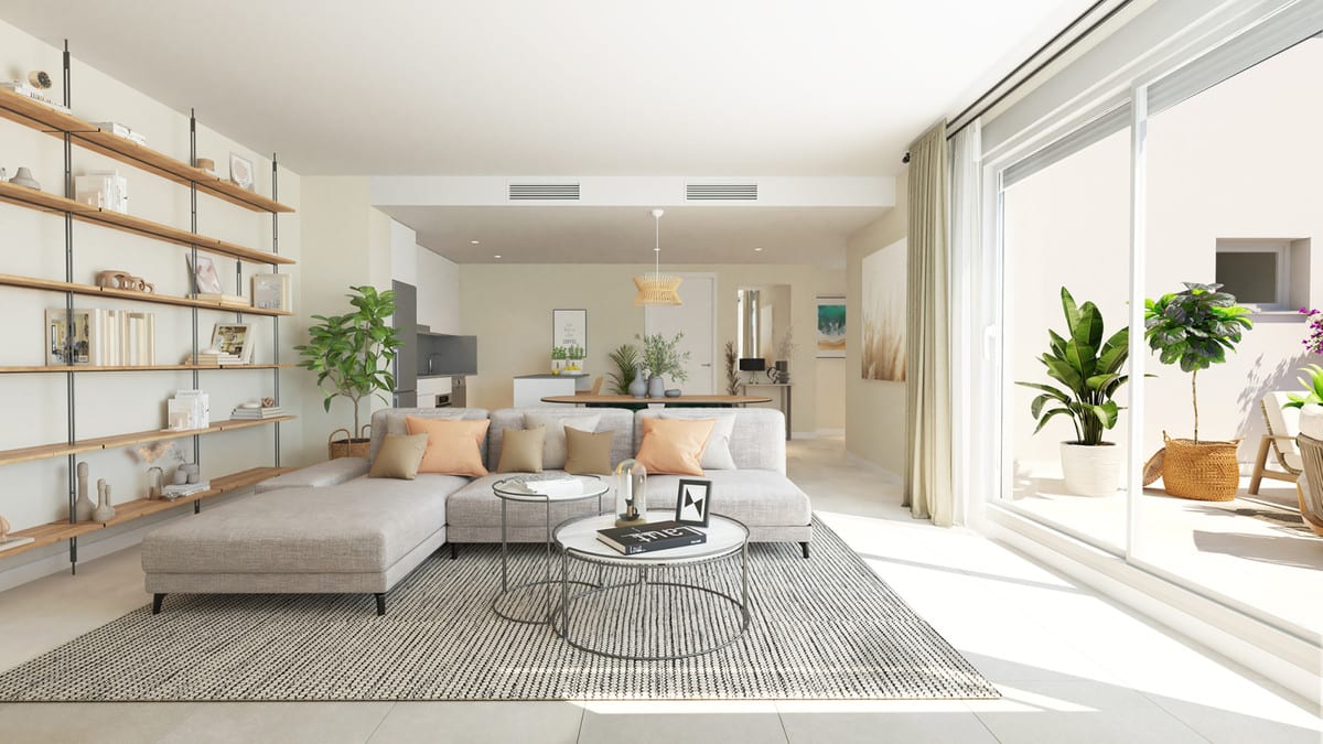 Artist's impression of ACQUA GARDENS featuring a bright living room, grey corner sofa, two round coffee tables, open wooden wall shelving with a black metal frame and glass sliding doors overlooking a terrace.
