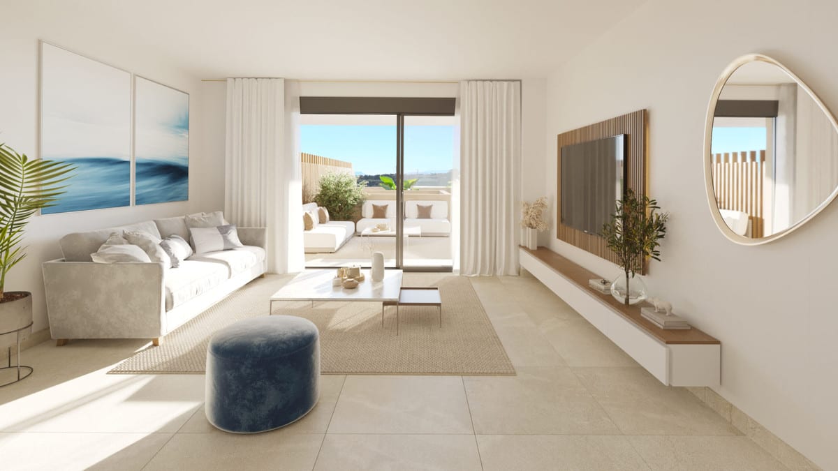 Project visualisation of ADAGIO with a living room, light grey sofa, blue velvet pouffe, wall unit with wooden slats and a sliding glass door to a terrace.