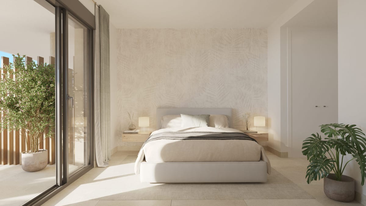 Project visualisation of ADAGIO with a bedroom, light upholstered bed, floating wooden bedside tables with lamps, textured wallpaper, light tiled flooring and a sliding glass door beside a planter.