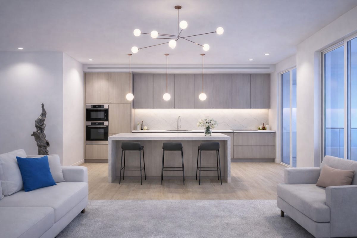 Project visualisation of the open kitchen with a light grey island, three bar stools and a decorative globe pendant light.
