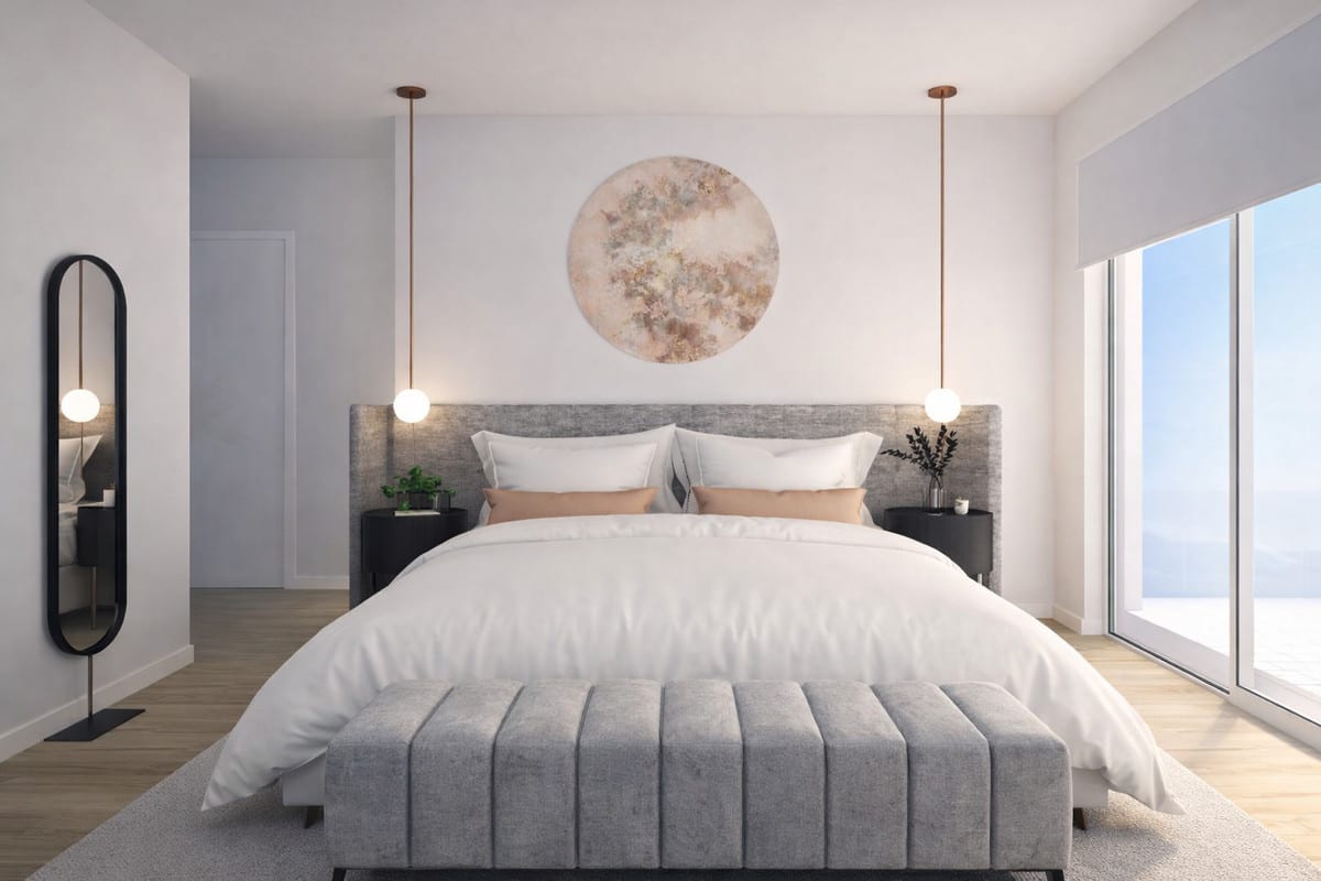 Project visualisation of a bedroom in neutral tones with a centrally placed bed, round wall decoration and a large window opening.