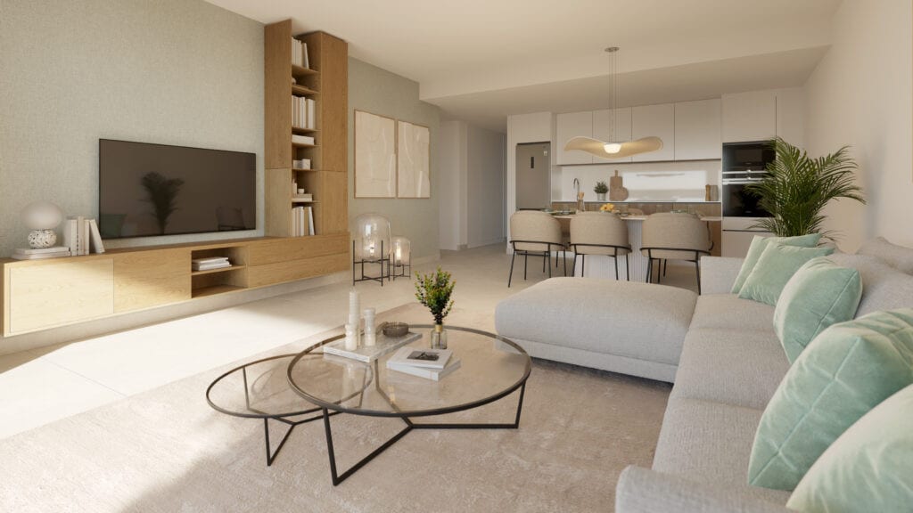 Rendered interior visualisation of AIRE with a bright seating area, wooden TV unit with bookcase, two round glass coffee tables and an open-plan kitchen with dining area in the background.