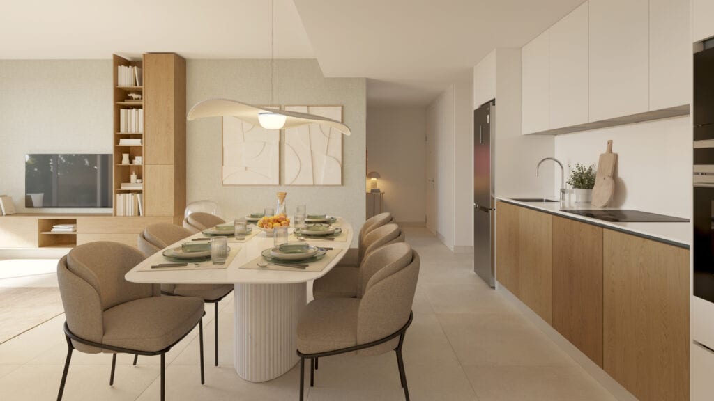 Rendered interior visualisation of AIRE with a laid oval dining table, six upholstered chairs, a pendant light and an open-plan kitchen with white wall cabinets and wooden base units.