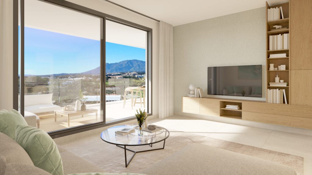 Rendered interior visualisation of AIRE with a living room, large sliding glass doors, a terrace with light wooden furniture and a mountain landscape visible through the glass.
