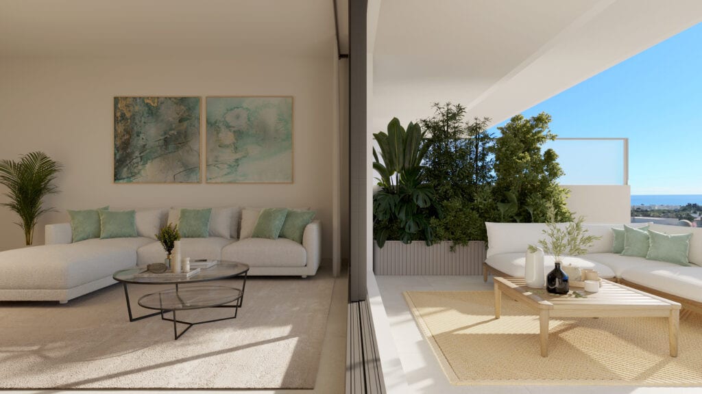 Rendered project visualisation of AIRE with a living room connected through an open doorway to a terrace with a white outdoor sofa, wooden coffee table and large planters filled with greenery.