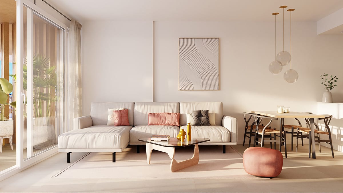 Projektvisualisering av vardagsrummet i ALCAIDESA HOMES PHASE II med en ljus soffa med schäslong, organiskt format soffbord, matbord, klotformade pendellampor och skjutdörr i glas.