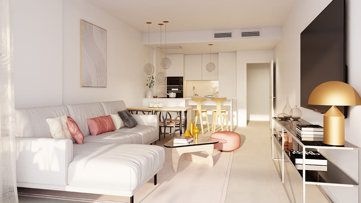 Projektvisualisering av den öppna sällskapsytan i ALCAIDESA HOMES PHASE II med hörnsoffa, väggmonterad tv, matbord, vitt kök med bardisk och klotformade pendellampor.