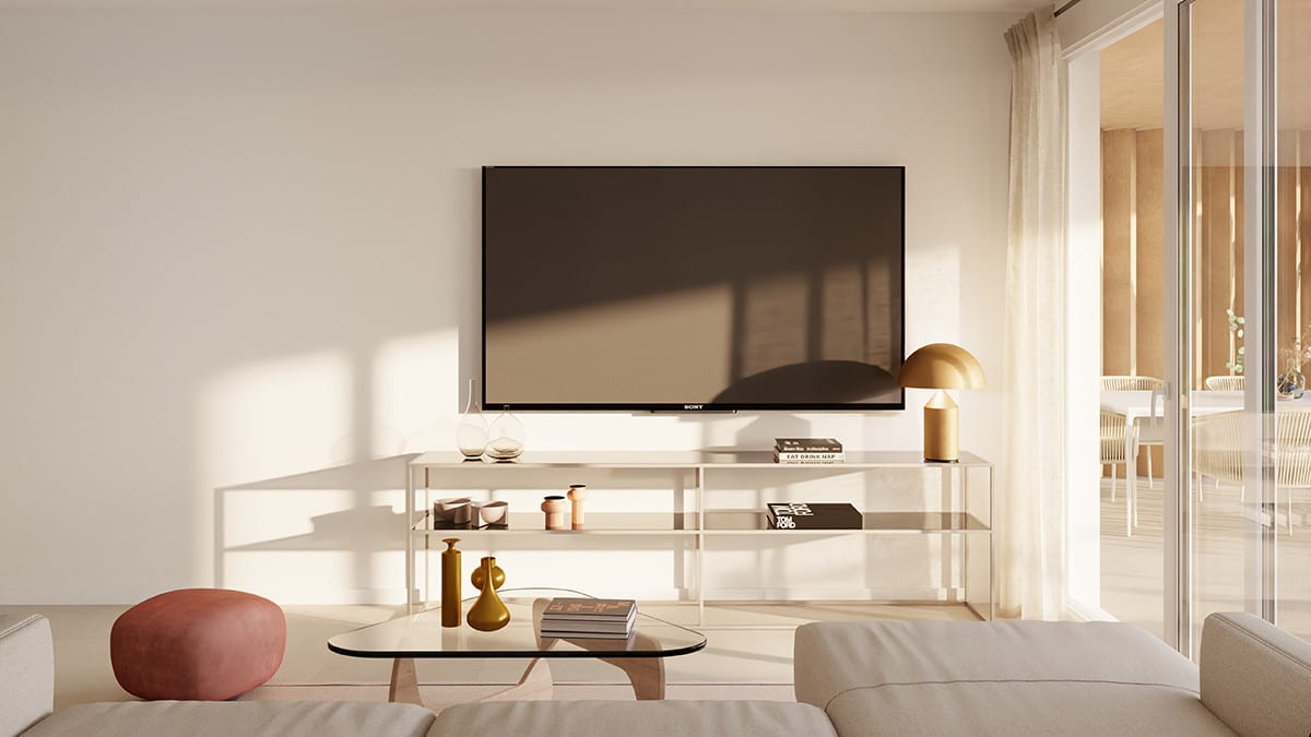 Projektvisualisering av sittgruppen i ALCAIDESA HOMES PHASE II med väggmonterad tv, öppet konsolbord med dekorationer, organiskt format soffbord och skjutdörr i glas till en angränsande matplats.