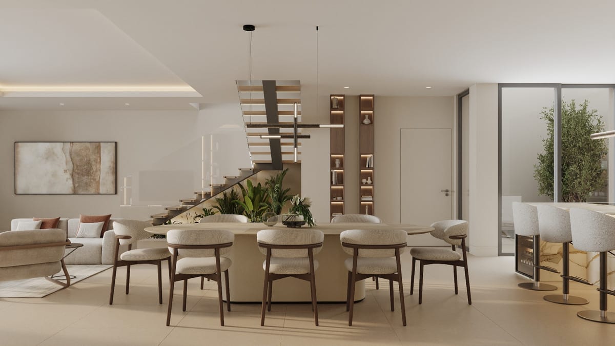Rendered interior with dining and seating areas, bar stools and an open floating staircase.