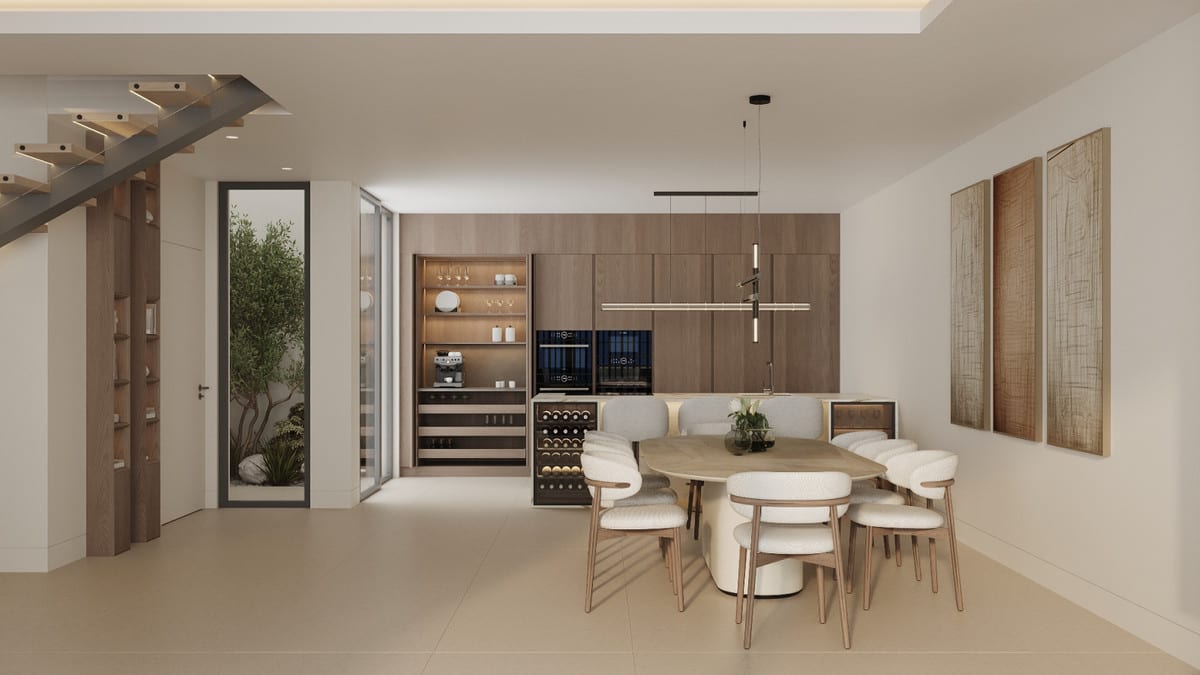 Rendered dining area with wood-effect kitchen fronts, open shelving and a wine rack.