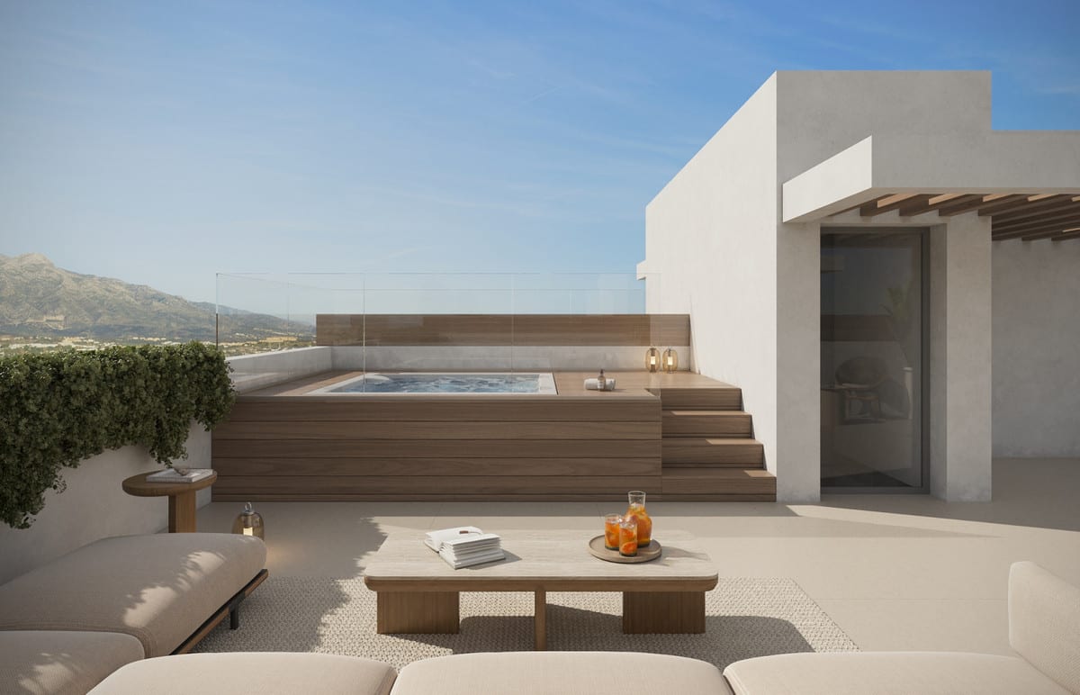 Rendered terrace with a hot tub on a raised platform, a glass balustrade and lounge seating.