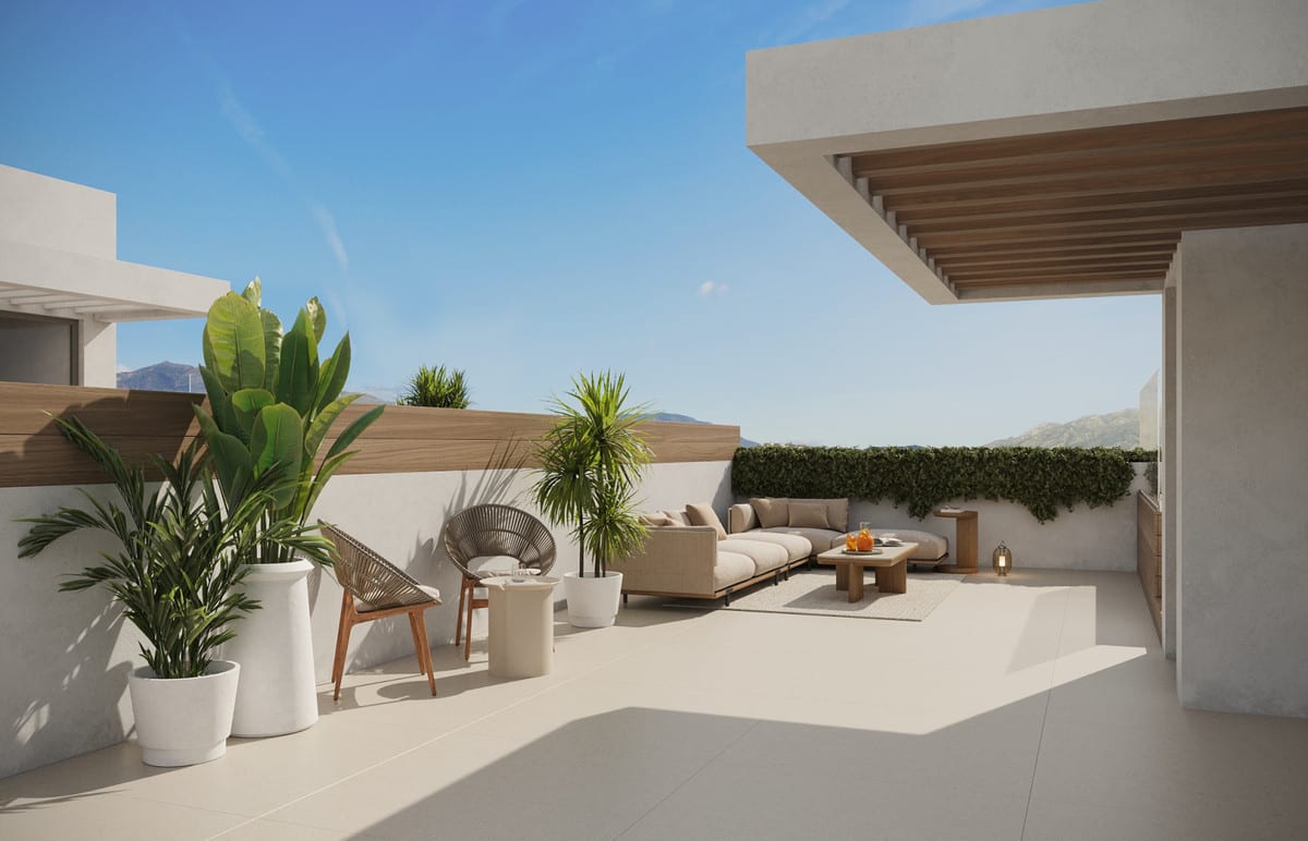 Rendered terrace with a slatted canopy, potted plants, a woven chair and modular lounge seating.