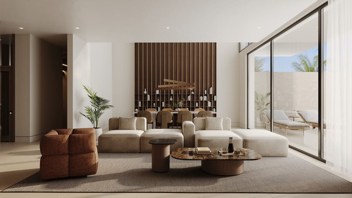 Interior visualisation of ALCANTARA DEL MAR VILLAS with the main living area and contemporary finishes.
