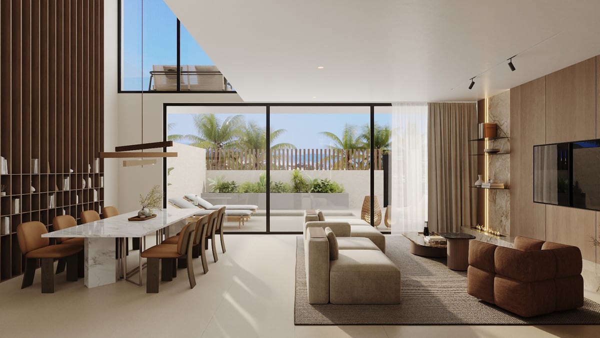Visualisation of an open living and dining area with a television, fireplace and glazed doors to the terrace.