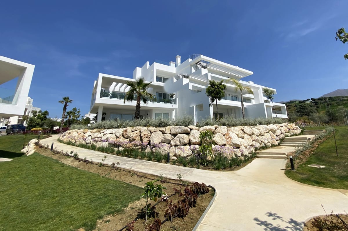 ALCAZABA LAGOON IV with white buildings, terraces, pergolas, palm trees and a landscaped garden with a natural stone retaining wall and pathways.