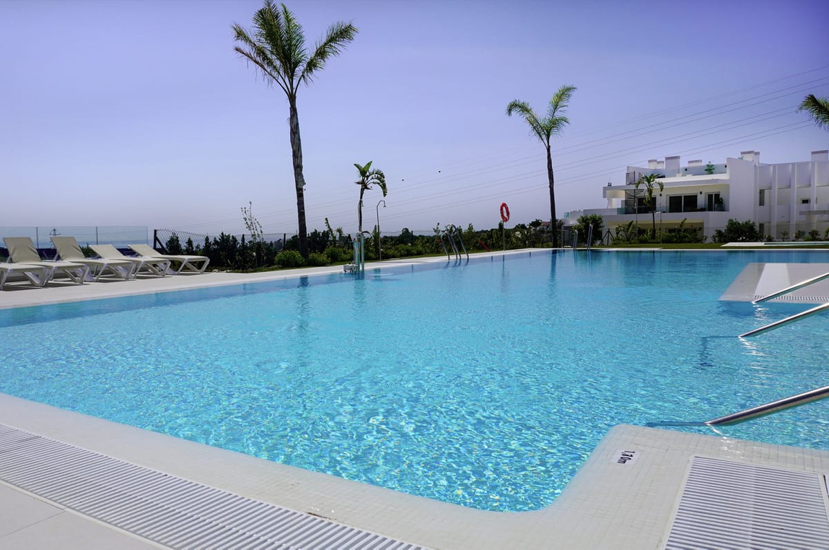 ALCAZABA LAGOON IV with a large blue swimming pool, metal pool ladders, sun loungers around the edge, palm trees and white buildings in the background.