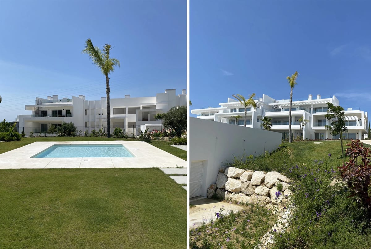 ALCAZABA LAGOON IV in a split image: on the left, a small rectangular pool on a lawn with white buildings and a palm tree; on the right, white buildings above a natural stone retaining wall with planting.