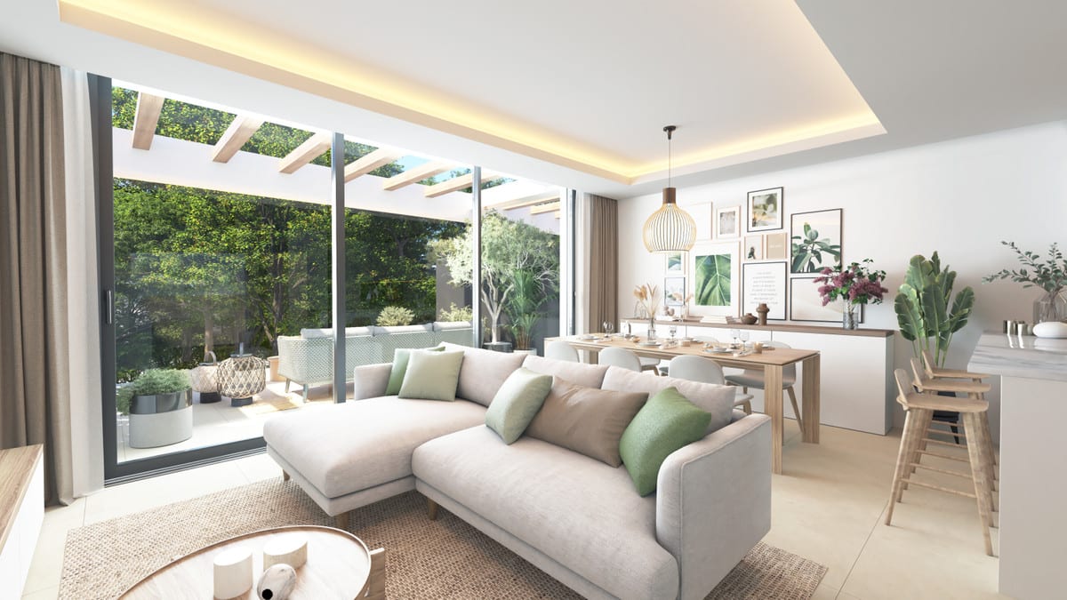 Project visualisation of ALEXANDRA'S DREAM featuring a bright seating area, dining table, kitchen bar and sliding glass doors leading to a covered terrace.